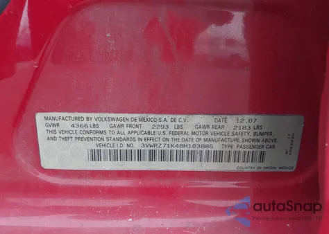 2008 Volkswagen Jetta Se из США, поврежденный, VIN 3VWRZ71K48M103885